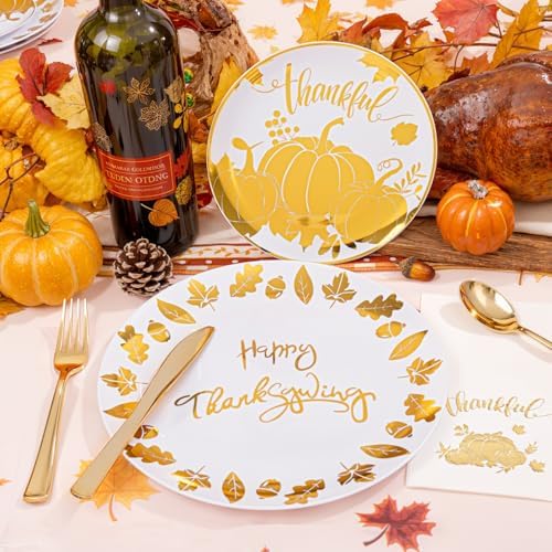 Festiva 176Pcs Thanksgiving Plastic Plates - Heavy Duty Thanksgiving Plates - Thanksgiving Disposable Dinnerware Set include 50 Plates,75 Silverware, 25 Cups, 25 Pumpkins Napkins, 1Tablecloth - Image 6