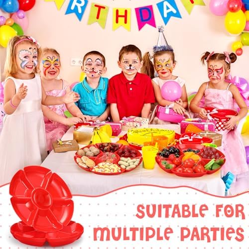 Zhehao 6 Pcs Plastic Divided Serving Trays with 60 Pcs Disposable Fork, 7 Compartments Round Chip Dip Plate, Petal Shape Platter, 10.6'' Snacks Serving Dish for Party Candy Nuts Fruits (Red) - Image 4