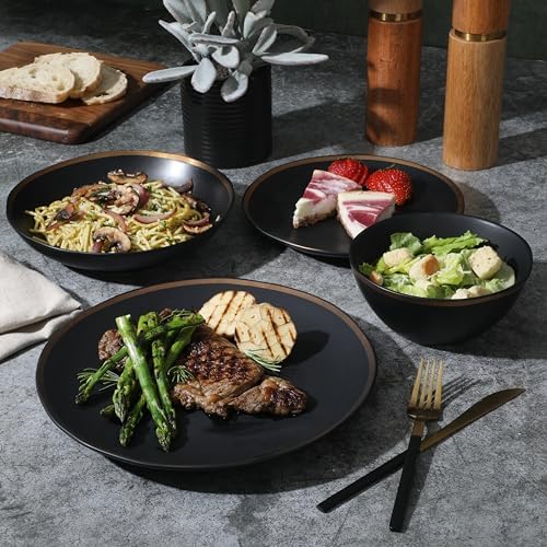 Gibson Elite Kings Road Double Plates and Bowl Organic Round Porcelain Dinnerware Set - Matte Black w/Gold Rim - Image 2