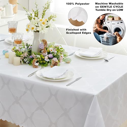 Newbridge Ribbons and Bows Damask Fabric Tablecloth, White, 52 x 70 Inch Rectangle, Wrinkle & Stain Resistant Table Cover - Image 4