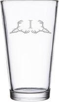 Hat Shark Deer Skull Letter Monogram Pint Beer Glass, 16 oz, Clear, A-Z Initials (1, Letter I)