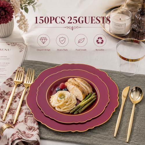 Liacere 150Pcs Burgundy Red Plastic Plates-Red Gold Disposable Plates-Red and Gold Rim Disposable Plastic Dinnerware 50Plates,25Pack Silverware and 25Cups for Wedding/Party/Halloween/Christmas - Image 5