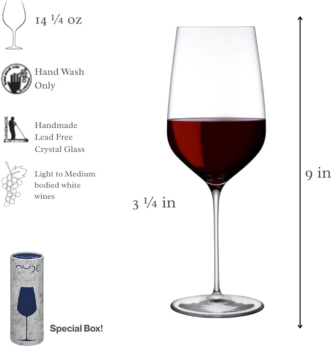 NUDE Wine Glass, Stem Zero Masterglass – Crystal Long Stem Red and White Wine Glass for Any Wine and Champagne, Lead-Free, Dishwasher Safe, 14.25 oz