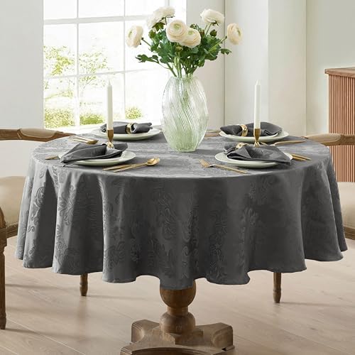 Newbridge Barcelona Damask Fabric Tablecloth, 90 Inch Round, Grey – No Iron, Soil Resistant Table Cover for Dining, Parties and Holidays - Image 2