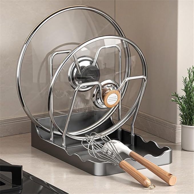 Kitchen Pot Lid Storage Rack, Pot Lid Organizer,Pot Lid Holder with Removable Drip Tray,Stainless Steel Bracket,Detachable design,Suitable for Placing pot Lids, Spoons, Cutting Boards, etc (Gray)