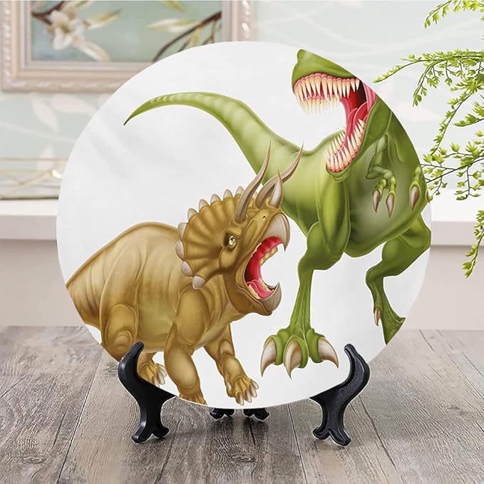 Ceramic Display Plate, Dinosaur Ceramic Hanging Decorative Plate, Rex Versus Triceratops Scaring Each Other, 10 Inch, Living Room Kitchen Decoration Household, Green Pink Pale Brown