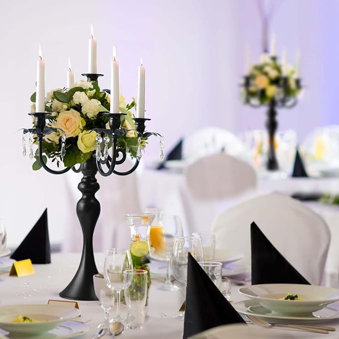 20''Tall Black Crystal Pendant Taper Candle Holders/Stylish Candle Stands/Candlesticks Holder/Candelabra for Home Decor, Weddings/Parties/Elegant Dining Table Centerpiece (2, Black, 5 Arm)