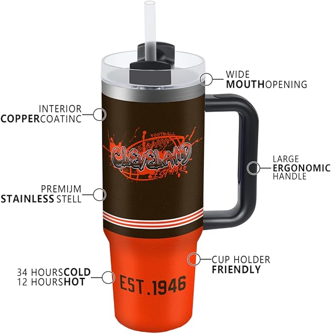Cleveland 30 oz Tumbler with Handle and Straw,Car cup,Coffee Mug,100% Leakproof Insulated Tumbler with Lid and Straw,Made of Stainless Steel,Cup Holder Friendly Base,Classic Collection Gifts for Fans