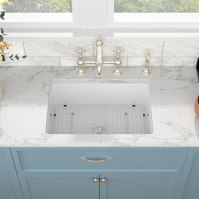 Sarlai 27 Inch White Undermount Sink Fireclay 27x19 Inch White Kitchen Sink Dual Drop in & Undermount Kitchen Sinks Single Bowl Deep Porcelain Ceramic Basin