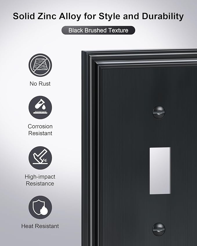 2-Pack Single Toggle Light Switch Cover Plate, Durable Solid Zinc Alloy Decorative Switch Plate Covers, Black 1 Gang Wall Plate, Corrosion Resistant