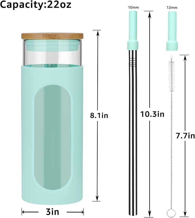 Tronco 22oz Glass Tumbler with Bamboo Lid and Straw, Glass Cup For Boba,Iced Coffee,Smoothie, Spill Proof Glass Water Bottle With Silicone Protective Sleeve, Dishwasher Safe,BPA Free