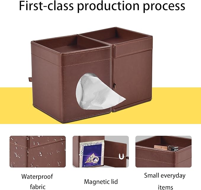 Tissue Box Cover Square Tissue Box Holder PU Leather Facial Tissues Organizer with Storage Tray for Bathroom Vanity Bedroom Office Car,Stylish Napkin Caddy Decorative Organizer (Brown)