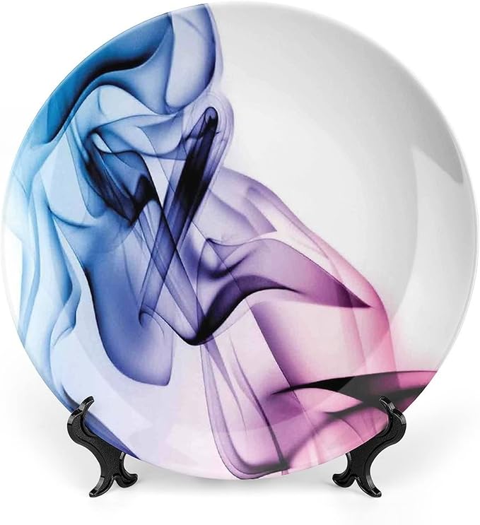 Ceramic Plates, Abstract Decor Decorative Ceramic Plates, Colorful Smoke Dynamic Flow Swirl Contemporary, 8 Inch, for Dining, Parties, Wedding, Fuchsia Blue