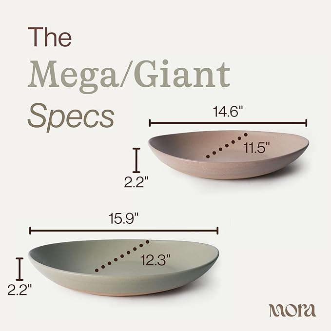 MORA Mega and Giant Serving Dishes Set of 2, 16 inch and 14 inch Ceramic Pottery Oval Platters - Microwave, Oven and Dishwasher Safe - Thyme & Mushroom