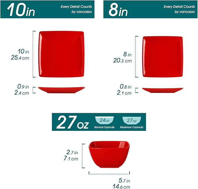 vancasso Soho Dinnerware Sets 12 Pieces, Red Stoneware Square Place Setting, Dinner Plate, Plates and Bowls Sets, Dishes Service for 4