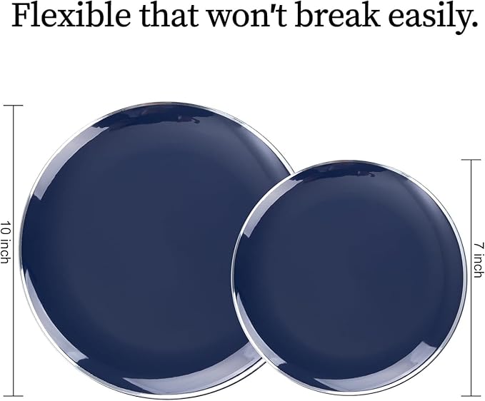 KIRE 200PCS Blue Plastic Plates with Silver Rim - Navy Blue Plastic Plates Include 100 Dinner & Dessert Plate - Heavy Duty Dark Blue Disposable Plate for Hanukkah/Parties/Wedding
