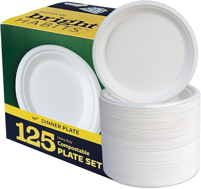 10” Compostable Plates, 125-Pack | Biodegradable Sugarcane | Sturdy, Microwave-Safe Disposable Plates for Parties & Events