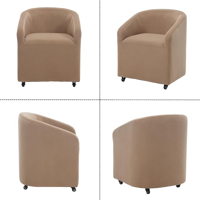 Modern Barrel Dining Chairs with Rolling Casters Set of 4, Upholstered Velvet Swivel Dining Room Chairs with Wheels for Kitchen Living Room Home Office, Khaki