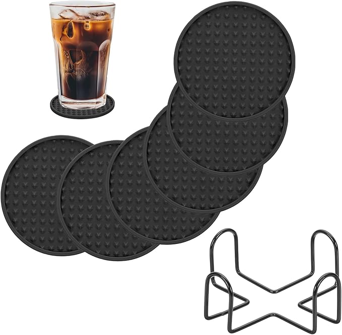 uxcell Set of 6 Round Drink Coasters with Holder, 4" Silicone Coaster for Drinks Non-Slip Cup Coaster Heat Resistant Glass Cushion for Bar Kitchen Office Decor, Black(Pentagon)