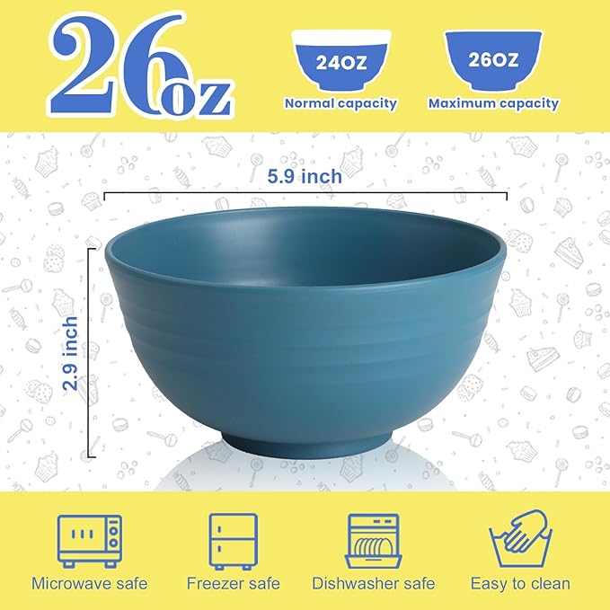 26 OZ Wheat Straw Bowls Set of 6, Reusable Plastic Kitchen Bowls, Unbreakable Bowls Set for Cereal, Salad, Snack, Soup, Ideal for Indoor & Outdoor, Microwave & Dishwasher Safe, Blue