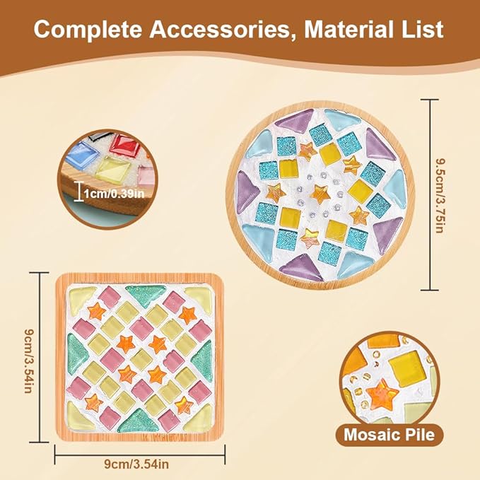 Adboros 10 Sets DIY Glass Mosaic Tiles for Crafts Mixed Color Mosaic Kits with Wooden Coaster for Adults Bamboo Coaster for Drinks Tray Handmade Home Decoration