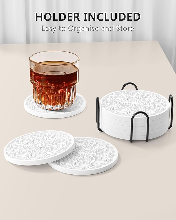 Drink Coasters, Coasters Set of 6 for Cup with Holder, Non-Slip Silicone Cup Mats for Hot and Cold Drinks, Cute Absorbent Coffee Bar Accessories Table Decor, White