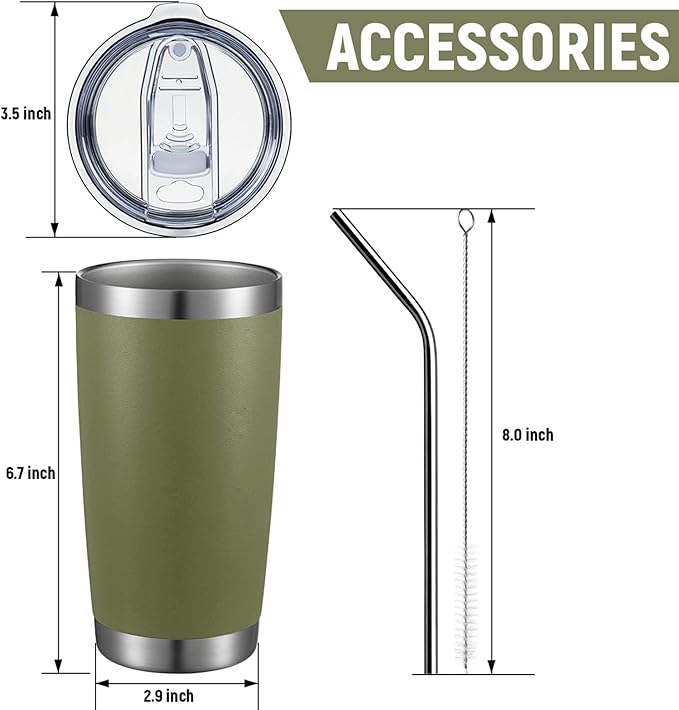 COMOOO 20oz Tumbler Bulk Double Wall Vacuum Insulated Travel Mug, Stainless Steel Tumbler with Lid and Straw Durable Powder Coated Insulated Coffee Cup for Cold & Hot Drinks (Army Green, 4 Pack