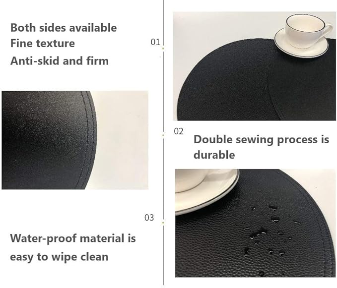 Set of 8 Faux Leather Round Placemats and Coasters, Coffee Mats Kitchen Table Mats, Waterproof, Easy to Clean for Kitchen Dining Round Table
