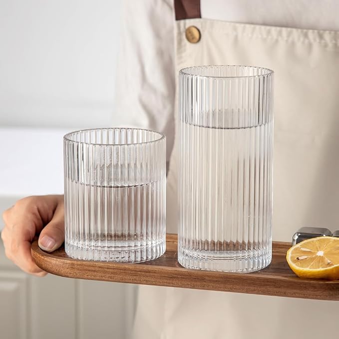 Ribbed Drinking Glasses 12pcs, 12oz and 10oz Glassware, Tumbler Glasses Cup Set for Wedding, Party, Christmas Gift, Clear