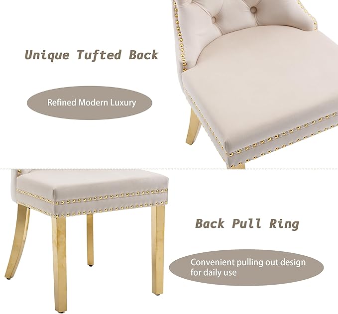 KCC Velvet Dining Chairs Set of 4, Upholstered High-end Tufted Dining Chair with Nailhead Back Ring Pull Trim Stainless Steel Legs, Contemporary Nikki Collection Modern Style for Kitchen, Beige