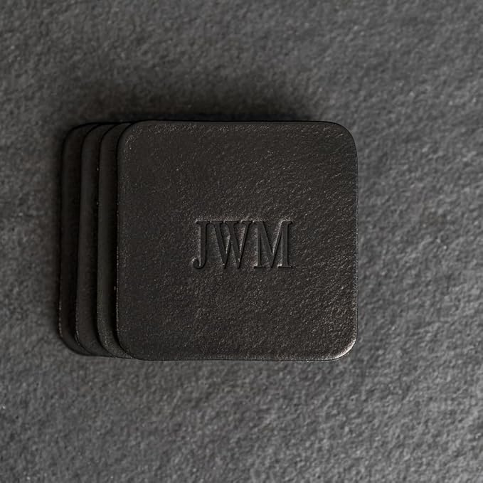 Ox & Pine Personalized Leather Coaster - Sold Individually or in Sets of 4 - Customize Inscription - 100% Full-Grain Leather – 4" Round or 4" Square (Square, Stone Natural, Set of 4 Coasters)