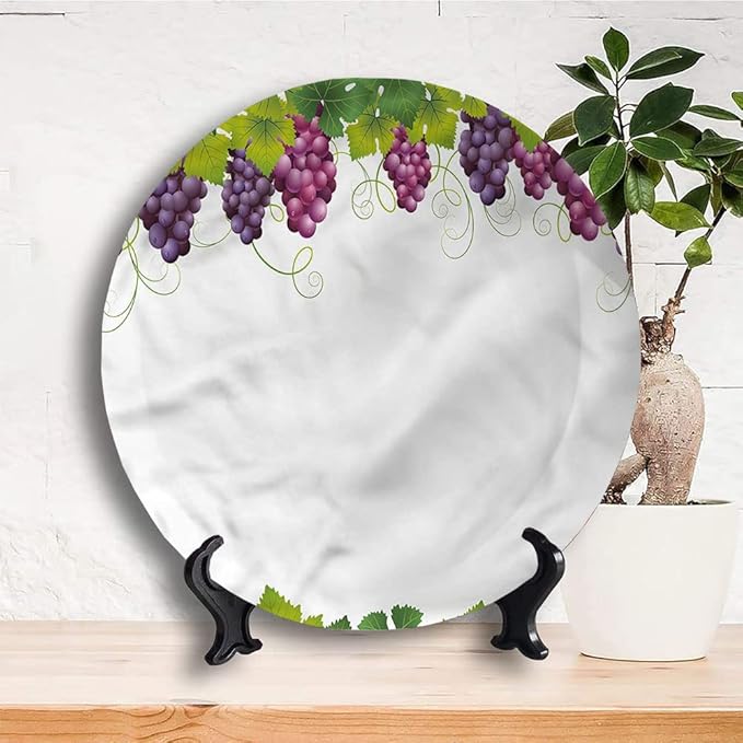 Decorative Plates, Vineyard Print Ornament, Leaves and Ripe Grapes, 10 Inch, Kitchen Wall Decor, Multicolor