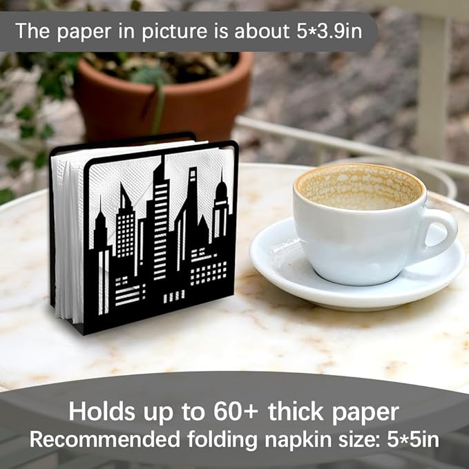 Skyline City Buildings Decorative Black Metal Napkin Holder for Table, 4.9" x 4.7" x 1.9" Skyscraper Standing Napkin Holder for Home Kitchen Restaurant Picnic Party Coffee Bar Dining Room