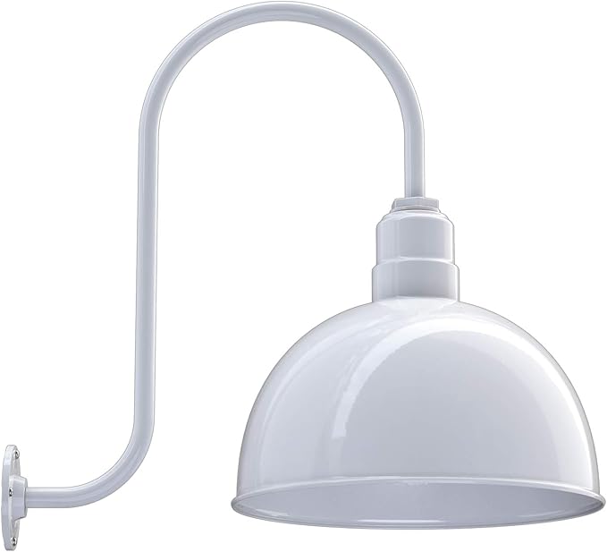 Steel Lighting Co. Hollywood Bowl Light | Outdoor Wall Mounted | 15 inch Bowl Dome | Upslope Gooseneck | Barn Light Made in America | White Exterior/White Interior