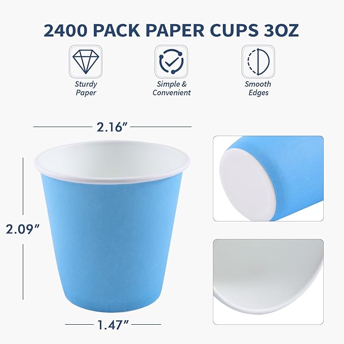 Turbo Bee 3oz Disposable Paper Cups 2400Pack, Small Bathroom Cups Bulk, Rinse Small Blue Paper Mouthwash Tumblers Perfect for Bathroom, Party, Picnic, Travel and Events