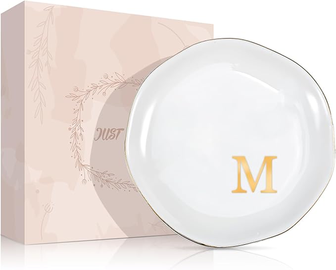 ProCase Ceramic Jewelry Tray, Initial Ring Dish Trinket Plate Engagement Gift, Small Personalized Monogram Ring Bowl for Wedding, White Decorative Jewelry Holder for Women Vanity -Letter M