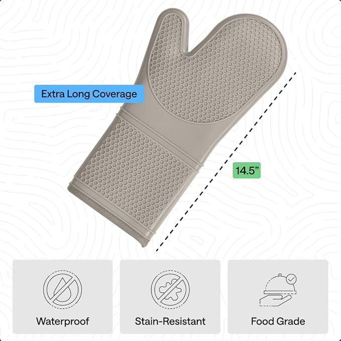 GORILLA GRIP BPA-Free Soft Silicone Oven Mitts, 14.5x8.3, Heat Resistant and Waterproof Cooking Gloves, Thick Cotton Lining, Flexible Gripping for Baking Grilling, Kitchen Potholders Set of 2, Almond