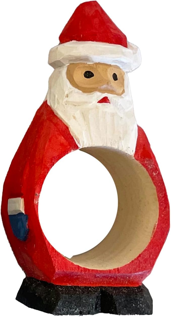 Set of 4 Hand-Carved Wooden Holiday Napkin Rings – Christmas Tree, Santa, Pumpkin, Snowman Design