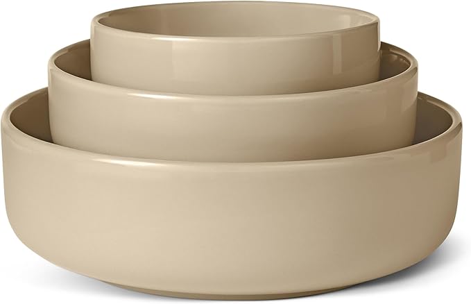 Amazon Basics Glazed Stoneware Serving Bowls, 3-Piece Set, Dishwasher-Safe, Linen Gray