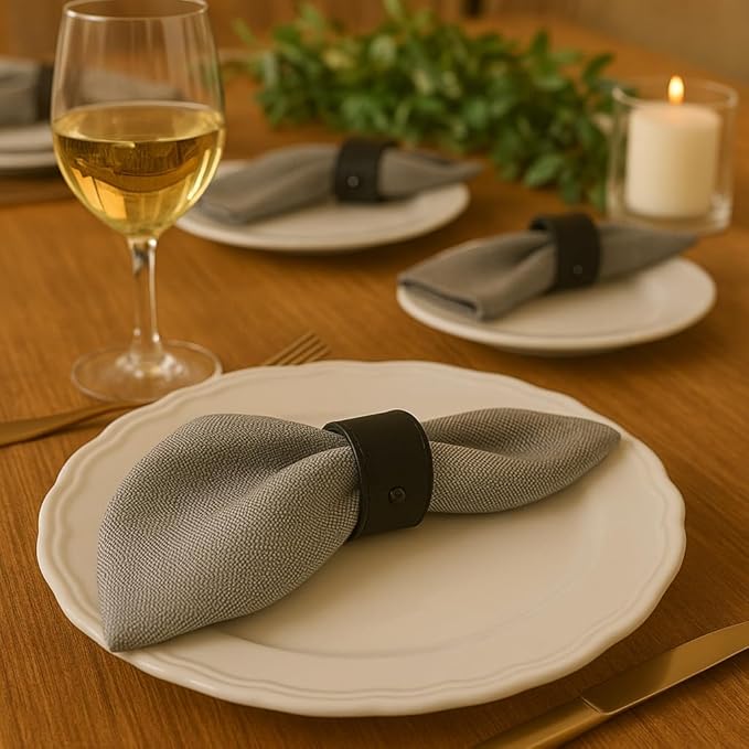 Luxury Leather Napkin Rings Set of 8, Black, Morgan Faux Style, Modern Cuff Design for Wedding Party Decorations, Kitchen, Holiday Table,Rust Proof,Hotel, Home, Table Accessories, Dining