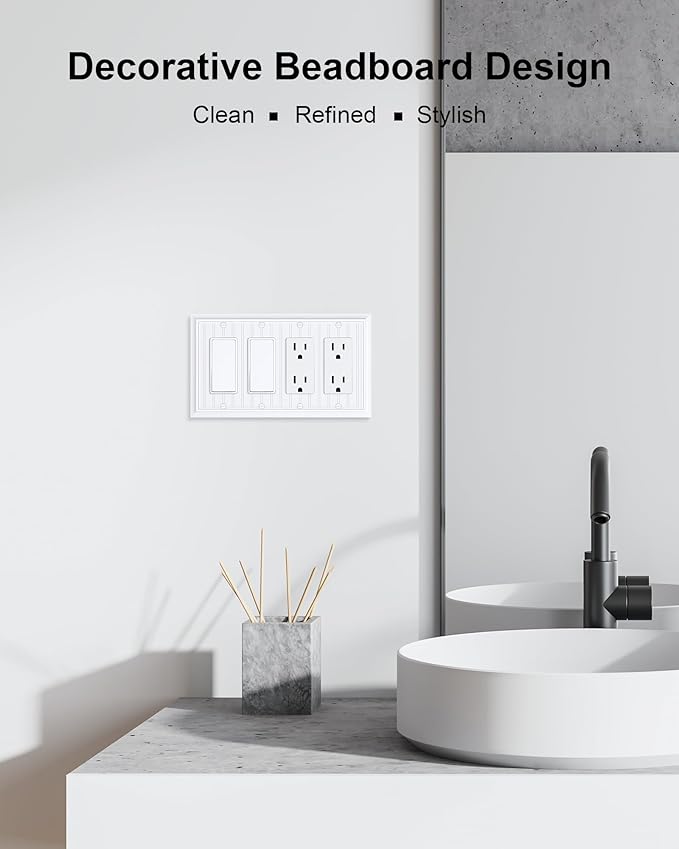 2-Pack Classic Beadboard Quad Decorator Wall Switch Cover, Pure White Decorative Switch Plates and Outlet Covers, Natural Bamboo Fiber 4 Gang Wall Plate for Electrical Outlets, Receptacle, GFCI Outlet