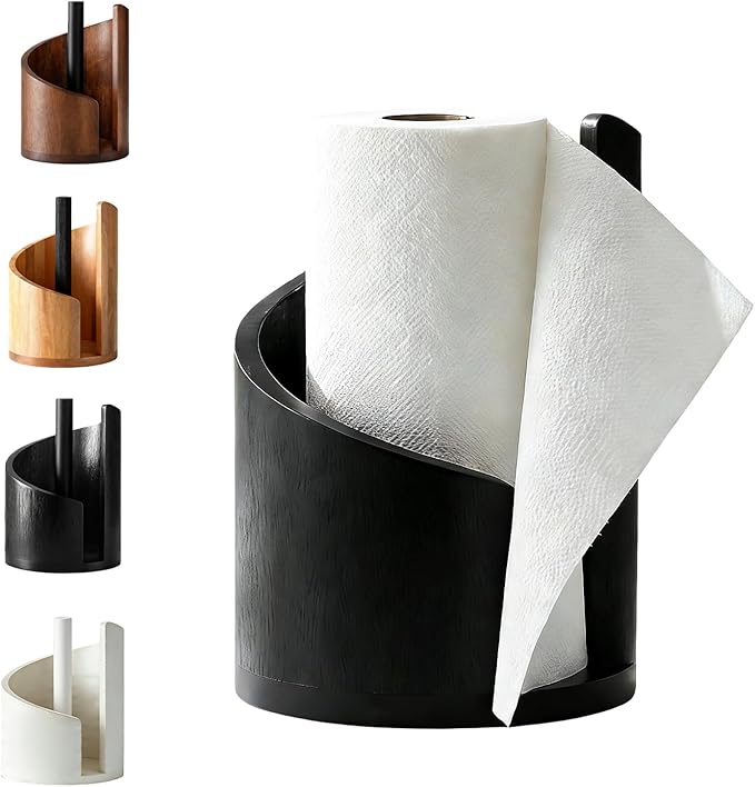 Mountain Paper Towel Holder Countertop, 2026 Upgrade 100% Natural Mango Wood Round Base and Iron Holder, Wooden Paper Towel Holder for Kitchen Roll Organize Dining Table Home Decor (Black)