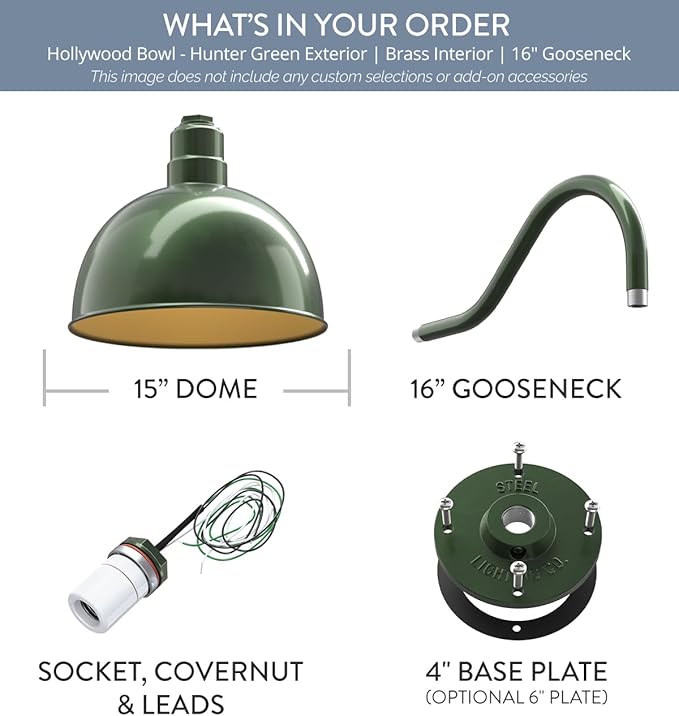 Steel Lighting Co. Hollywood Bowl Light | Outdoor Wall Mounted | 15 inch Bowl Dome | 16" Gooseneck | Barn Light Made in America | Hunter Green Exterior/Brass Interior