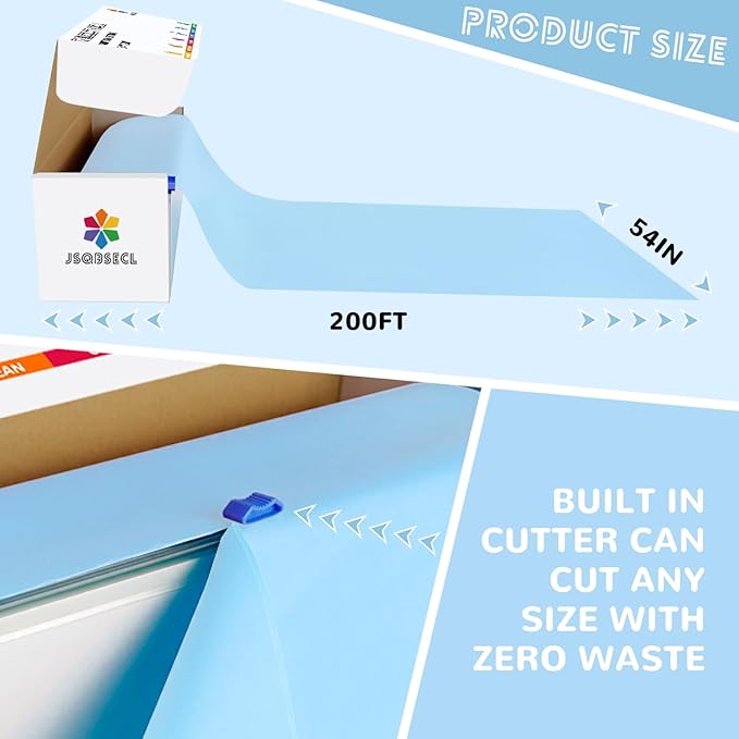 54 Inch X 200 Feet Plastic Table Cover Roll with Convenient Slide Cutter, Disposable Plastic Table Cloth Roll with Cut-to-Size Design for Weddings, Banquets, Parties (Light Blue)
