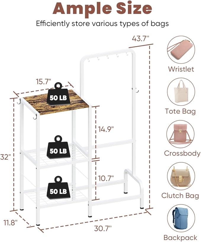 Floor-Standing 3-Tier Purse Organizer, High-Capacity Bag Holder with 8 Hooks, Multi-Functional Purse Rack for Various Bags, Handbag Display Stand Shelf for Closet, Bedroom, Entryway, White