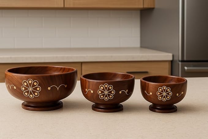 AMERZONE Handcrafted Sheesham Wood Bowl Set | Decorative Brass Inlay | 6, 5, 4 Inch Nested Serving Bowls for Salad, Snacks, Dry Fruits & Ice Cream | Stackable Kitchen Serveware (Set of 3)