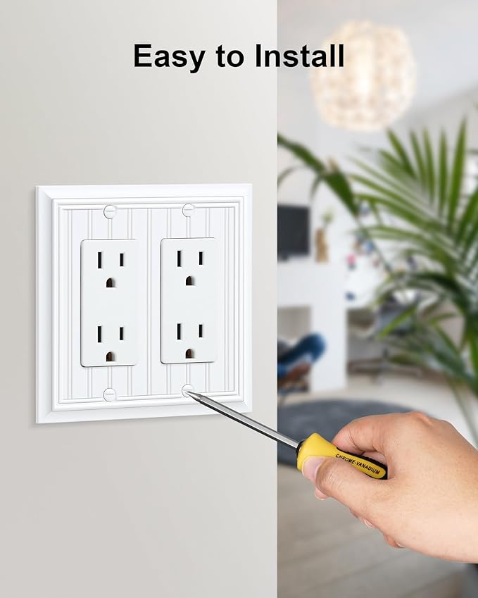2-Pack Classic Beadboard Decorative Double Decorator Outlet Cover Plate, Pure White Durable Natural Bamboo Fiber Wall Plates for Electrical Outlets, Receptacle, GFCI Outlet, Dimmer Switch, 2-Gang
