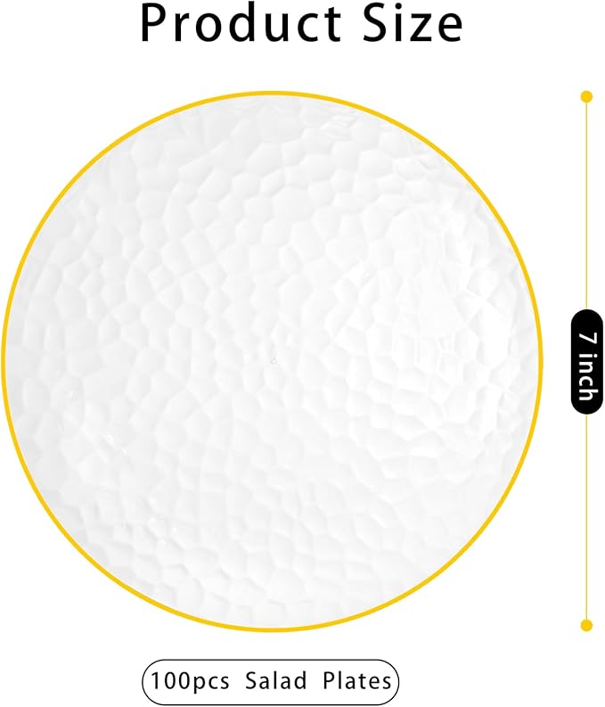 Rubtlamp 100 Pcs Clear Gold Plastic Plates, Hammered Party Plates, Clear Disposable Dessert Plates,Clear Gold Plates 7 Inch, Gold Plastic Dessert Plates Disposable For All Occasions