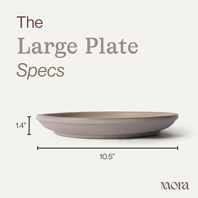 MORA Large Plates Set of 4, 10.5 inch Ceramic Pottery Dinner Plates - Microwave, Oven and Dishwasher Safe - Mushroom