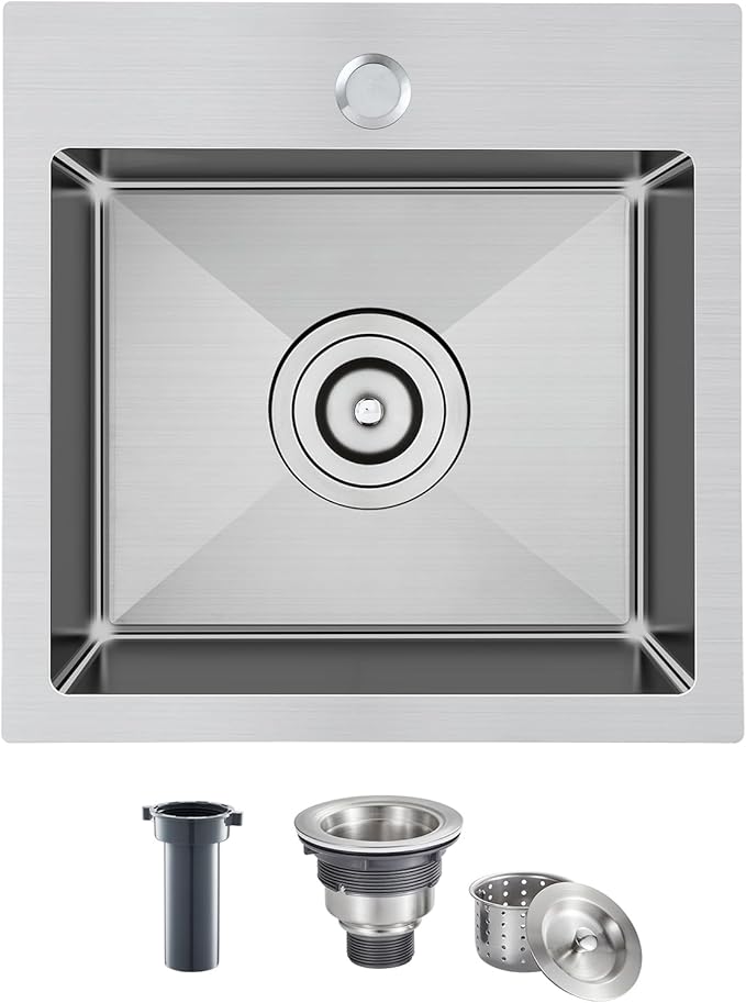 ROVATE 18 × 18 x 9 inch Drop in Kitchen Sink, 304 Stainless Steel Top-mount Kitchen Bar Sink Single Bowl, Small Overmount Handmade Bar Sinks with Basket Strainer